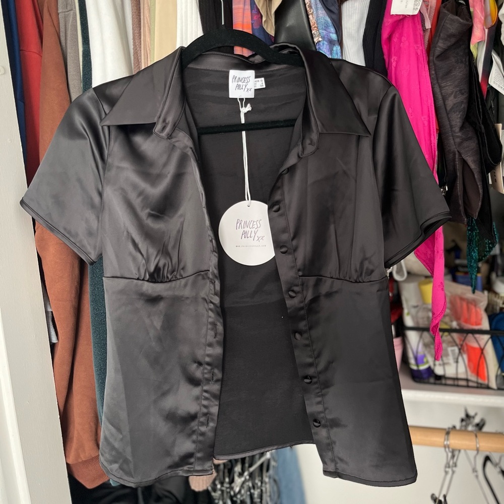 Princess Polly Black Satin V-Neck button up top